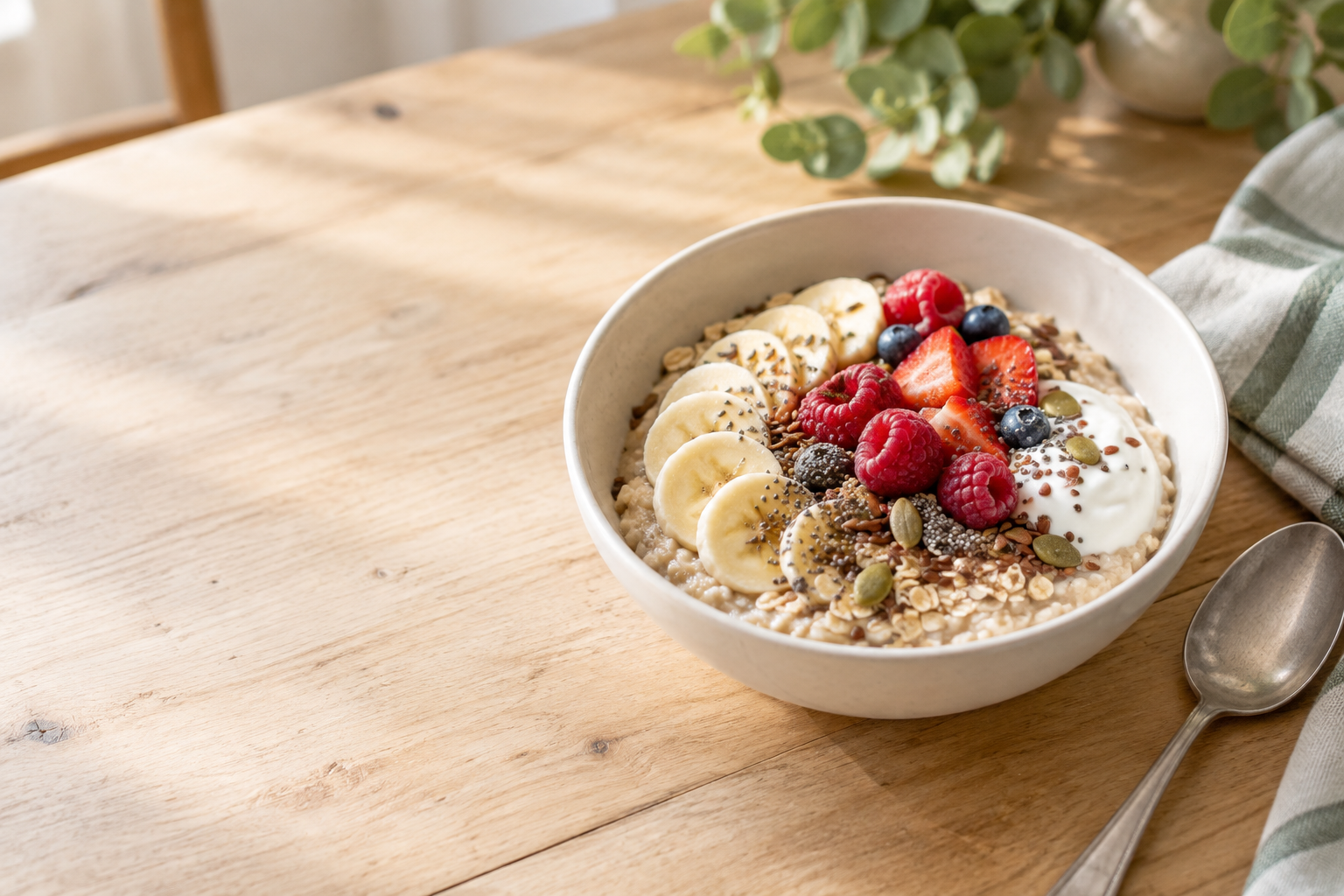 Bol de gachas de avena con plátano, frutos rojos, semillas y yogur sobre una mesa de madera clara.